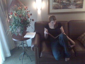 Rachael reading in our Room in Avon