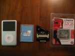 iPod, dead hard drive, ZIF to CF adapter, and 32GB CF card